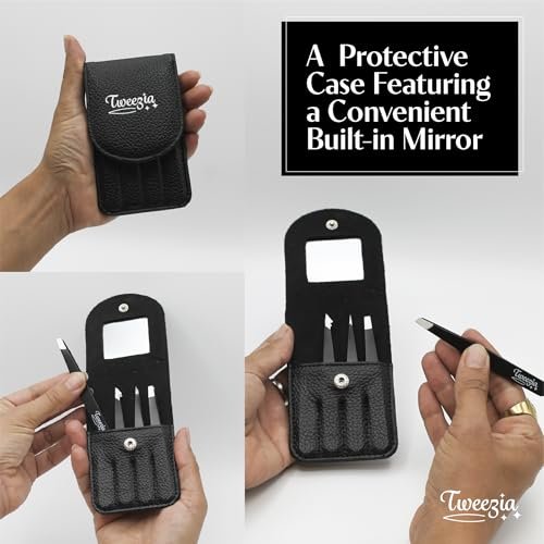 TWEEZIA Stainless Steel Tweezer Set - 4 Precision Tweezers with Mirror & Leather Case - Eyebrow Kit, Ingrown Hair & Splinter Removal - görsel 12