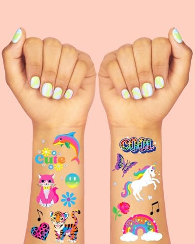 xo, Fetti Cute Neon Rainbow Animal Temporary Tattoos - 68 Iridescent Foil Pieces | Nostalgic Bright Birthday Accessory, Bachelorette Party Favor, Kids Activity - görsel 6