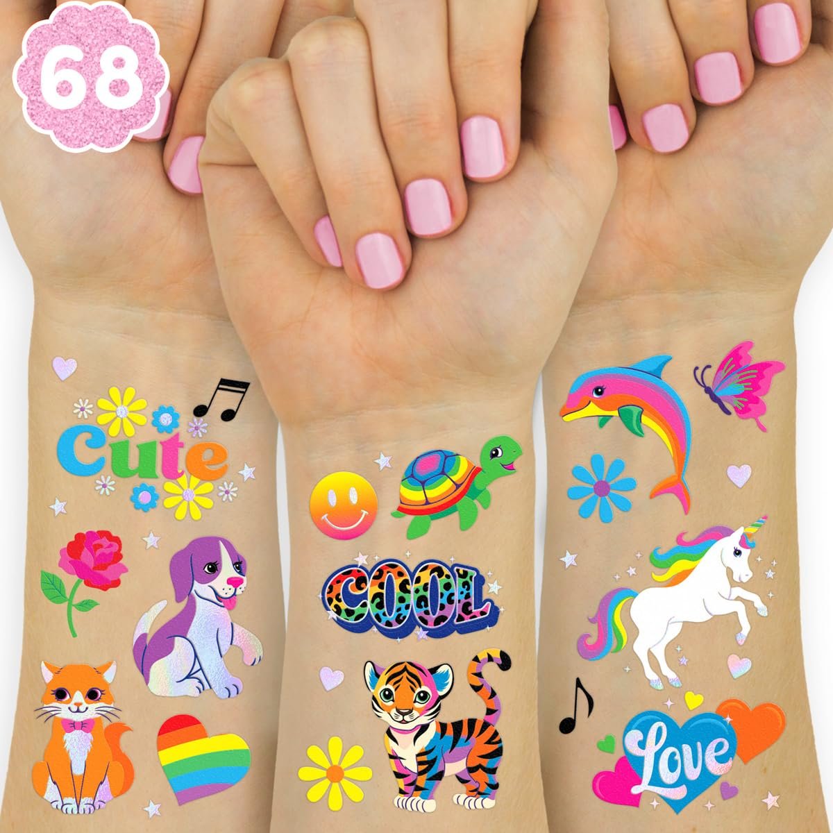 xo, Fetti Cute Neon Rainbow Animal Temporary Tattoos - 68 Iridescent Foil Pieces | Nostalgic Bright Birthday Accessory, Bachelorette Party Favor, Kids Activity - görsel 1