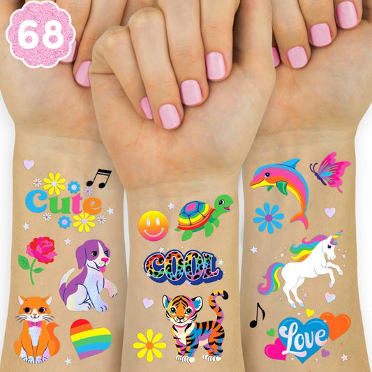 xo, Fetti Cute Neon Rainbow Animal Temporary Tattoos - 68 Iridescent Foil Pieces | Nostalgic Bright Birthday Accessory, Bachelorette Party Favor, Kids Activity