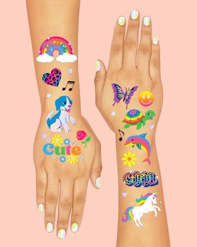 xo, Fetti Cute Neon Rainbow Animal Temporary Tattoos - 68 Iridescent Foil Pieces | Nostalgic Bright Birthday Accessory, Bachelorette Party Favor, Kids Activity - görsel 8