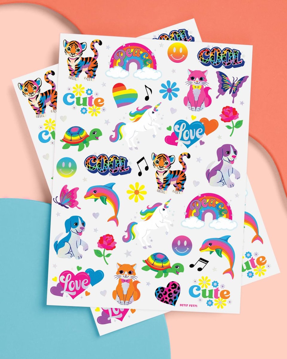 xo, Fetti Cute Neon Rainbow Animal Temporary Tattoos - 68 Iridescent Foil Pieces | Nostalgic Bright Birthday Accessory, Bachelorette Party Favor, Kids Activity - görsel 3