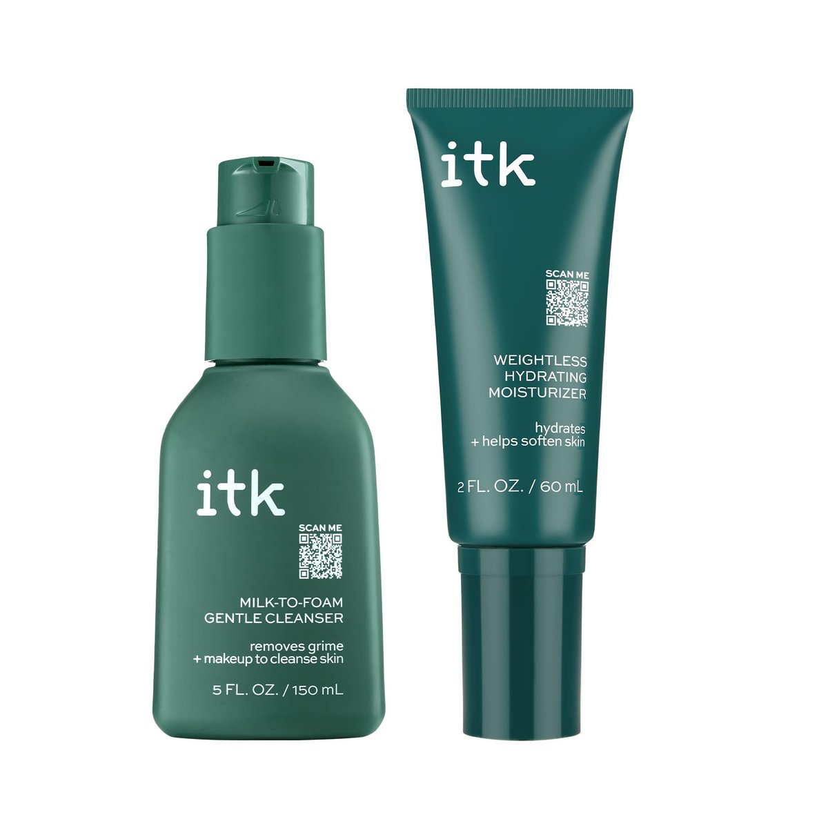 ITK Skincare Cleanser + Moisturizer Set - Milk-To-Foam Face Wash + Weightless Hydrating Moisturizer for Smooth, Nourished Skin - Makeup Remover & Daily Hydration - Skincare Gift Set (2-Pack, 3.5 Fl Oz Each) Avelisse