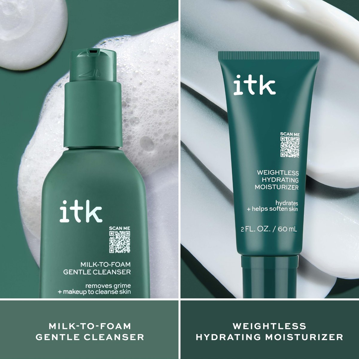 ITK Skincare Cleanser + Moisturizer Set - Milk-To-Foam Face Wash + Weightless Hydrating Moisturizer for Smooth, Nourished Skin - Makeup Remover & Daily Hydration - Skincare Gift Set (2-Pack, 3.5 Fl Oz Each) Avelisse