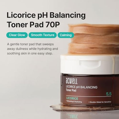 ACWELL Licorice pH Balancing Toner Pads - Vegan Dual-Sided Cotton Pads for Sensitive and Acne-Prone Skin, Dark Spot Brightening & Pore Care, 70 Pads (5.41 fl oz.) Avelisse