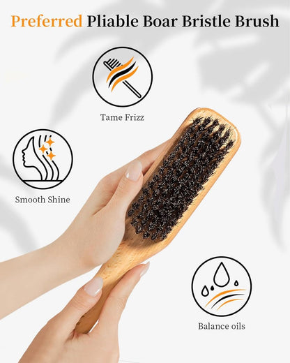 Slick Back Hair Brush & Hair Wax Stick Set – Boar Bristle Brush for Fine to Medium Hair – Smooth Flyaways, Frizz & Baby Hairs, Sleek Ponytails Buns Updos