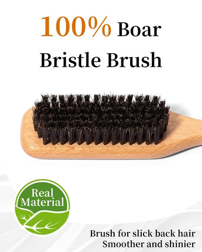Slick Back Hair Brush & Hair Wax Stick Set – Boar Bristle Brush for Fine to Medium Hair – Smooth Flyaways, Frizz & Baby Hairs, Sleek Ponytails Buns Updos