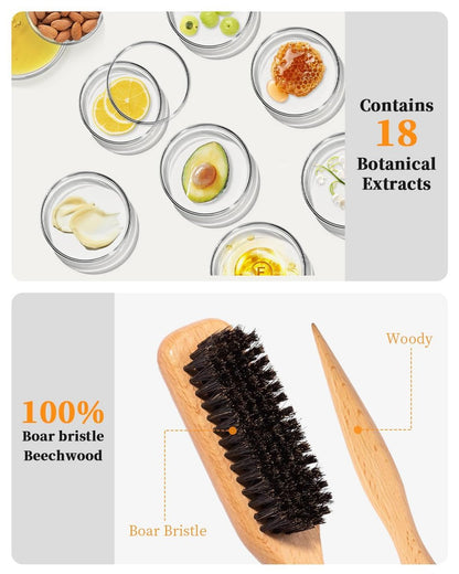 Slick Back Hair Brush & Hair Wax Stick Set – Boar Bristle Brush for Fine to Medium Hair – Smooth Flyaways, Frizz & Baby Hairs, Sleek Ponytails Buns Updos