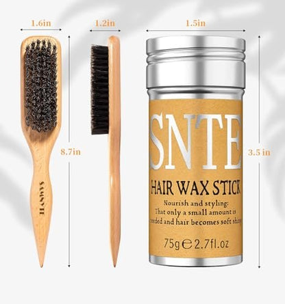 Slick Back Hair Brush & Hair Wax Stick Set – Boar Bristle Brush for Fine to Medium Hair – Smooth Flyaways, Frizz & Baby Hairs, Sleek Ponytails Buns Updos