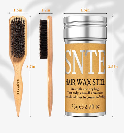 Slick Back Hair Brush & Hair Wax Stick Set – Boar Bristle Brush for Fine to Medium Hair – Smooth Flyaways, Frizz & Baby Hairs, Sleek Ponytails Buns Updos