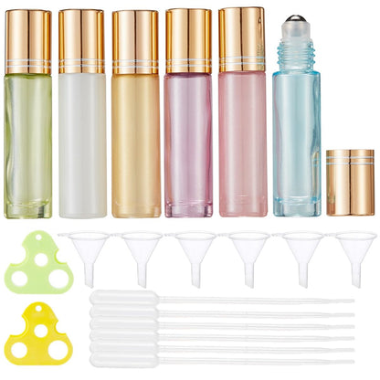 Qeuly 10ml Roll on Bottles - 6 Color Essential Oils Bottles, Thick Glass with Stainless Steel Roller Balls, Empty for Aromatherapy, Perfumes and Lip Balms