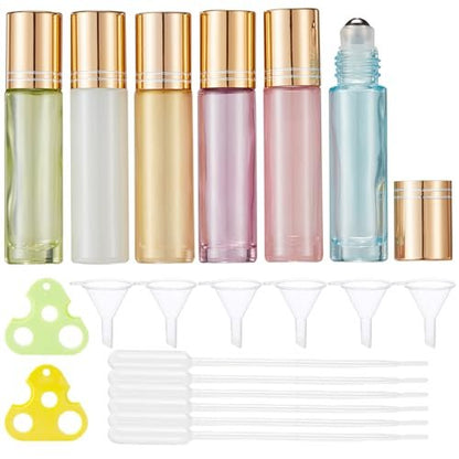 Qeuly 10ml Roll on Bottles - 6 Color Essential Oils Bottles, Thick Glass with Stainless Steel Roller Balls, Empty for Aromatherapy, Perfumes and Lip Balms