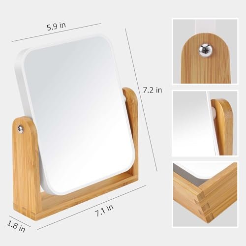 LFOYOU Vanity Makeup Mirror with Natural Bamboo Stand – Double Sided 8 Inch Magnifying Mirror, 360° Swivel, Tabletop for Bathroom or Bedroom (Cream) - görsel 6