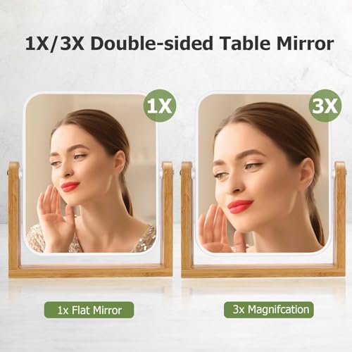 LFOYOU Vanity Makeup Mirror with Natural Bamboo Stand – Double Sided 8 Inch Magnifying Mirror, 360° Swivel, Tabletop for Bathroom or Bedroom (Cream) - görsel 4