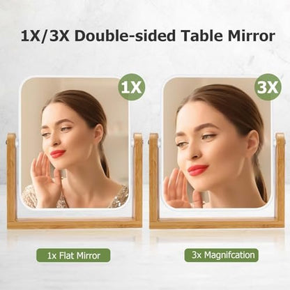 LFOYOU Vanity Makeup Mirror with Natural Bamboo Stand – Double Sided 8 Inch Magnifying Mirror, 360° Swivel, Tabletop for Bathroom or Bedroom (Cream)