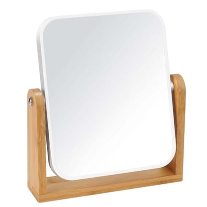 LFOYOU Vanity Makeup Mirror with Natural Bamboo Stand – Double Sided 8 Inch Magnifying Mirror, 360° Swivel, Tabletop for Bathroom or Bedroom (Cream)