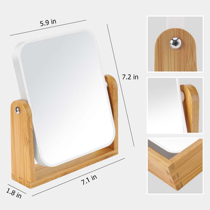 LFOYOU Vanity Makeup Mirror with Natural Bamboo Stand – Double Sided 8 Inch Magnifying Mirror, 360° Swivel, Tabletop for Bathroom or Bedroom (Cream)