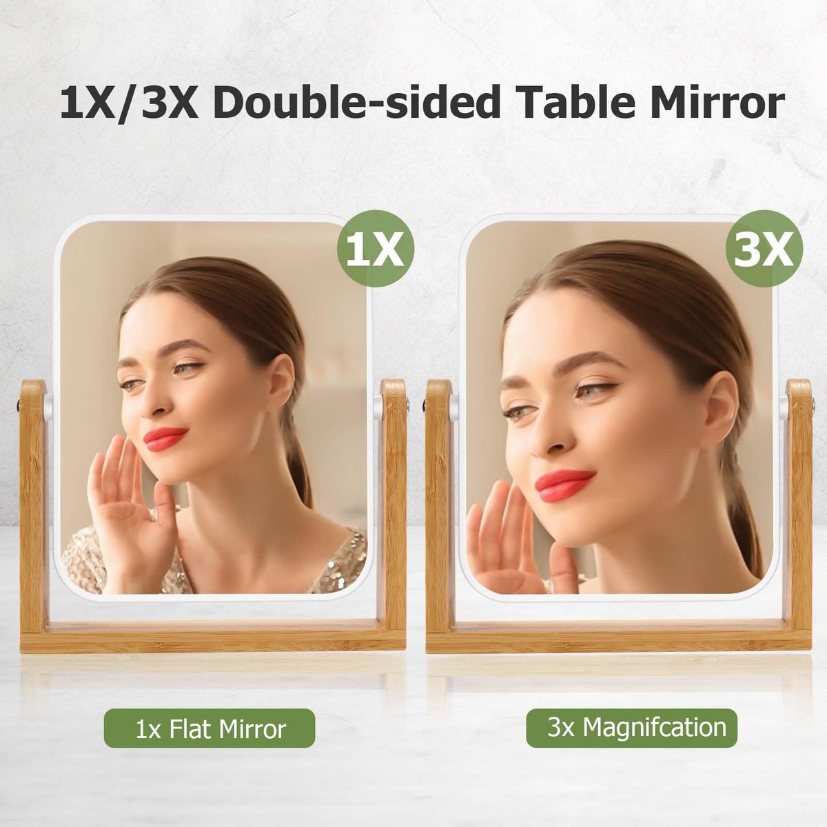 LFOYOU Vanity Makeup Mirror with Natural Bamboo Stand – Double Sided 8 Inch Magnifying Mirror, 360° Swivel, Tabletop for Bathroom or Bedroom (Cream) - görsel 3