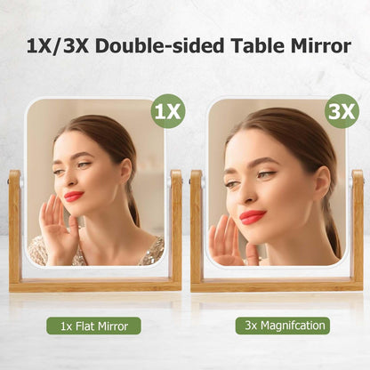 LFOYOU Vanity Makeup Mirror with Natural Bamboo Stand – Double Sided 8 Inch Magnifying Mirror, 360° Swivel, Tabletop for Bathroom or Bedroom (Cream)