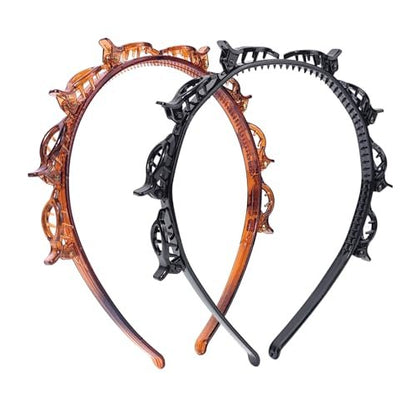 HFZRZFH 2 Pack Clip Headband for Twisty Bangs - 90s Hair Accessories for Women with 8 Mini Clips, Braided Hair Clip Headbands for Y2K Fashion Styling (Black and Brown)