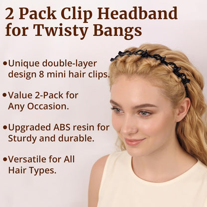 HFZRZFH 2 Pack Clip Headband for Twisty Bangs - 90s Hair Accessories for Women with 8 Mini Clips, Braided Hair Clip Headbands for Y2K Fashion Styling (Black and Brown)