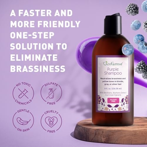 Just Nutritive Purple Toning Shampoo for Blonde, Gray, White, Silver, and Bleached Hair - Eliminate Brassiness, Boost Shine, Repairs, Hydrates, Sulfate-Free, Paraben-Free, Anti-Yellowing, 8 oz. Avelisse