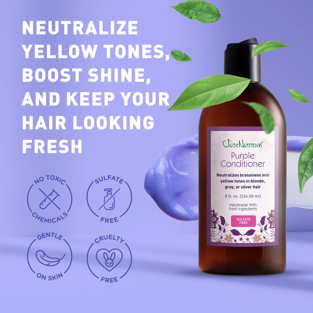 Just Nutritive Purple Conditioner for Blonde, Gray, White, Silver, and Bleached Hair - Eliminate Brassiness, Boost Shine, Repairs, Hydrates, Sulfate-Free, Paraben-Free, Gentle on Scalp, 8 oz. Avelisse