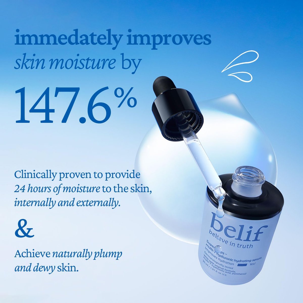 belif Super Drops Multi-7 Hyaluronic Hydrating Serum - 24-Hour Moisturization, Hyaluronic Acid & Panthenol Lightweight Daily Essence | Korean Skincare (1.01 fl oz) Avelisse