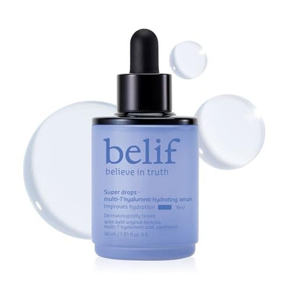 belif Super Drops Multi-7 Hyaluronic Hydrating Serum - 24-Hour Moisturization, Hyaluronic Acid & Panthenol Lightweight Daily Essence | Korean Skincare (1.01 fl oz) Avelisse