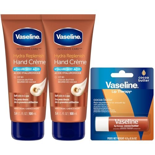 Vaseline Hand Cream 2-Pack – Hydra Replenish Crème with Hyaluronic Acid, Niacinamide & Cocoa Butter for Soft Skin + Cocoa Butter Lip Therapy Tube with Petroleum Jelly Avelisse