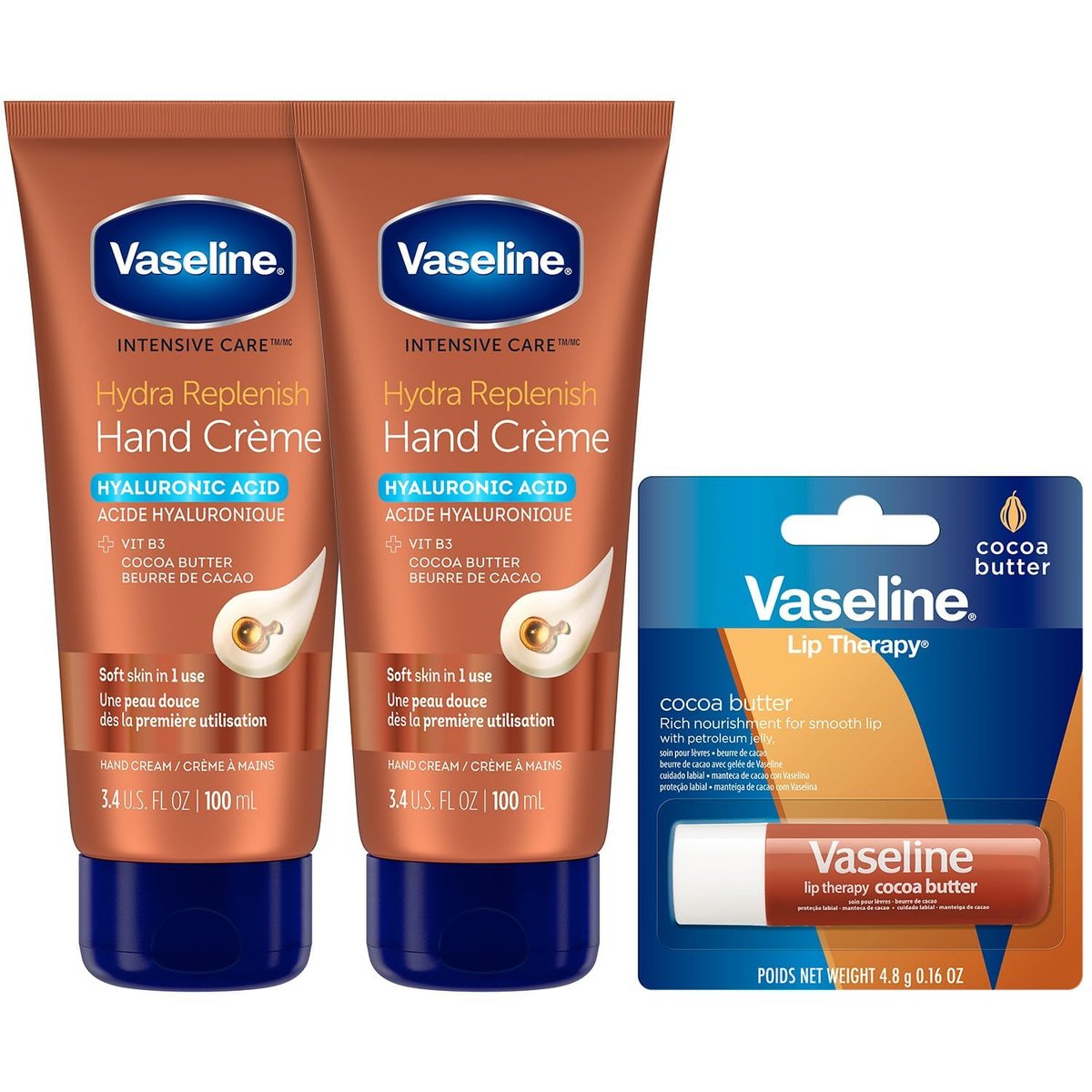 Vaseline Hand Cream 2-Pack – Hydra Replenish Crème with Hyaluronic Acid, Niacinamide & Cocoa Butter for Soft Skin + Cocoa Butter Lip Therapy Tube with Petroleum Jelly Avelisse