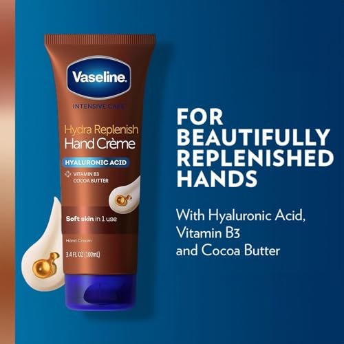 Vaseline Hand Cream 2-Pack – Hydra Replenish Crème with Hyaluronic Acid, Niacinamide & Cocoa Butter for Soft Skin + Cocoa Butter Lip Therapy Tube with Petroleum Jelly Avelisse