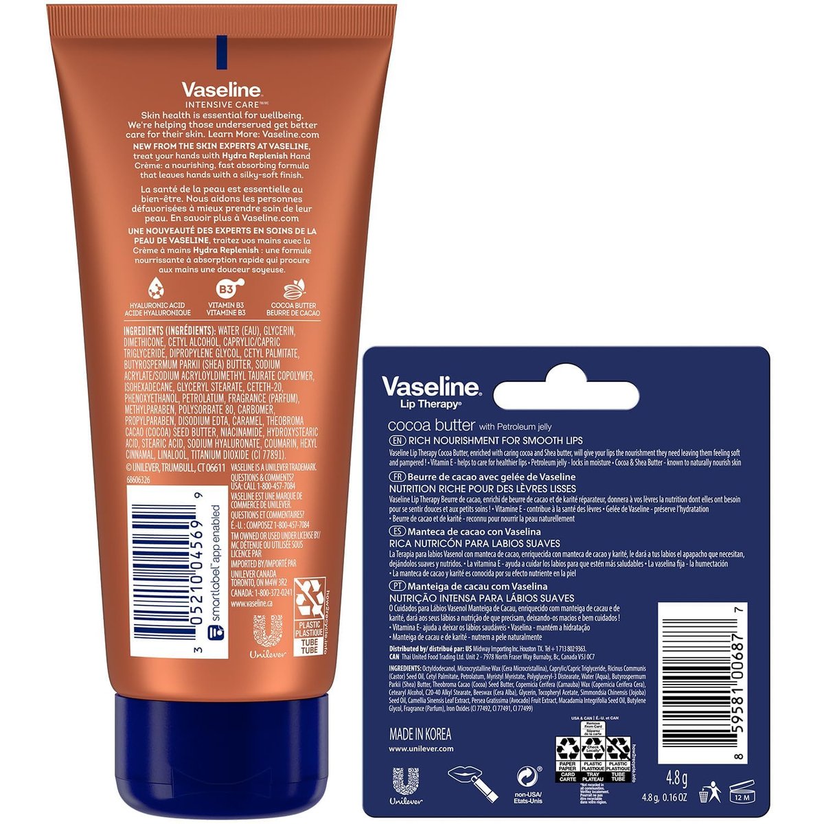 Vaseline Hand Cream 2-Pack – Hydra Replenish Crème with Hyaluronic Acid, Niacinamide & Cocoa Butter for Soft Skin + Cocoa Butter Lip Therapy Tube with Petroleum Jelly Avelisse