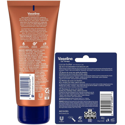 Vaseline Hand Cream 2-Pack – Hydra Replenish Crème with Hyaluronic Acid, Niacinamide & Cocoa Butter for Soft Skin + Cocoa Butter Lip Therapy Tube with Petroleum Jelly Avelisse