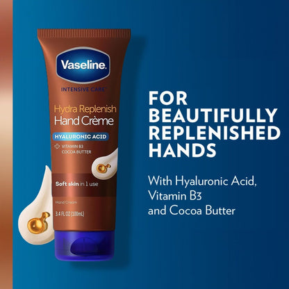 Vaseline Hand Cream 2-Pack – Hydra Replenish Crème with Hyaluronic Acid, Niacinamide & Cocoa Butter for Soft Skin + Cocoa Butter Lip Therapy Tube with Petroleum Jelly Avelisse