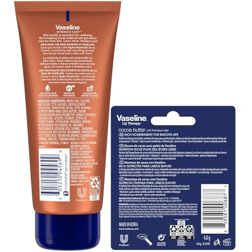 Vaseline Hand Cream 2-Pack – Hydra Replenish Crème with Hyaluronic Acid, Niacinamide & Cocoa Butter for Soft Skin + Cocoa Butter Lip Therapy Tube with Petroleum Jelly Avelisse