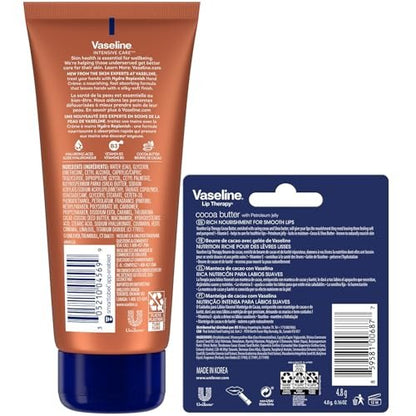 Vaseline Hand Cream 2-Pack – Hydra Replenish Crème with Hyaluronic Acid, Niacinamide & Cocoa Butter for Soft Skin + Cocoa Butter Lip Therapy Tube with Petroleum Jelly Avelisse