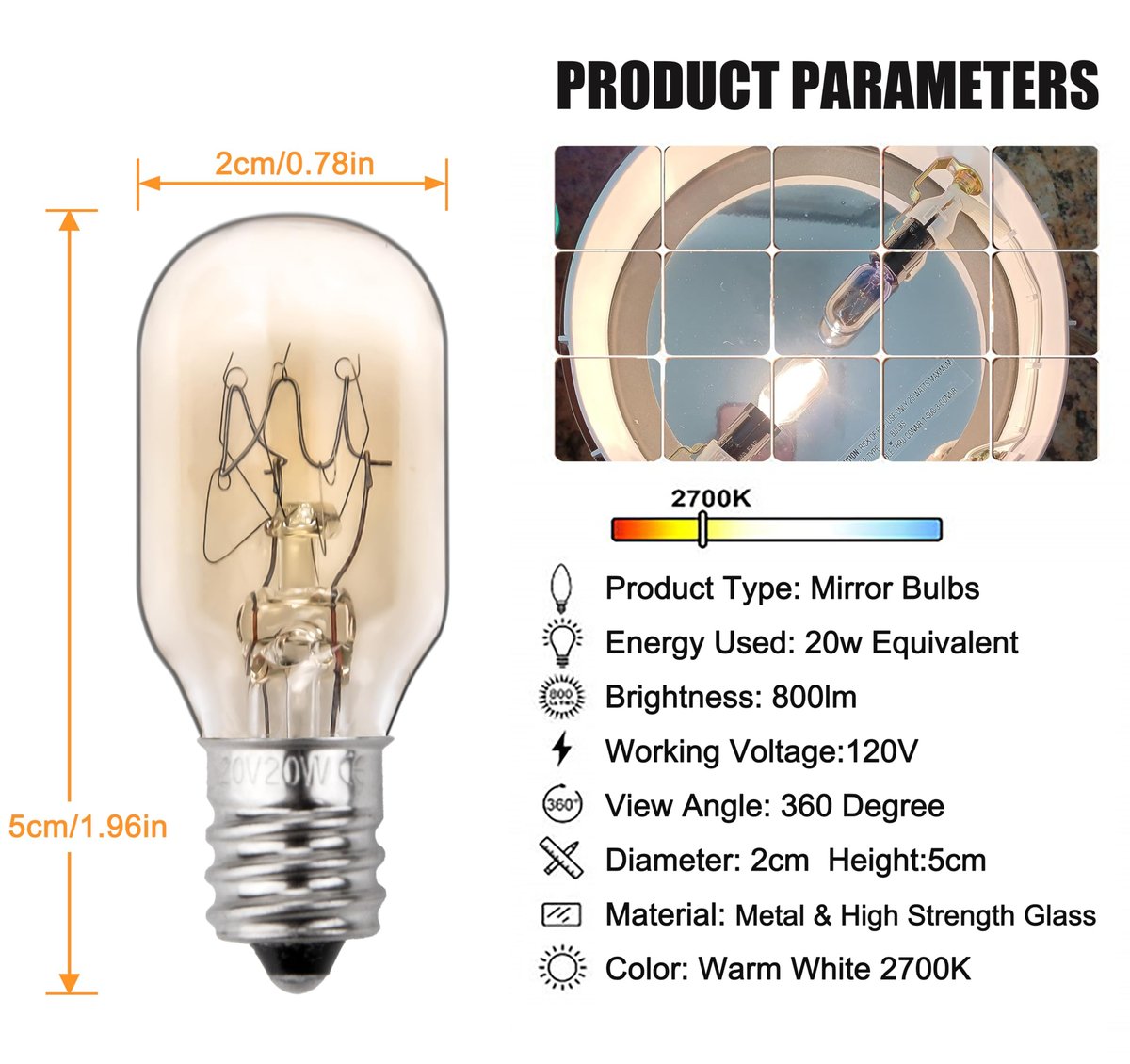 ZTTM 20W 120V Incandescent Replacement Bulb for Conair RP34B Makeup Mirror – E12 Candelabra Base, 2700K Warm Light (2-Pack) Avelisse