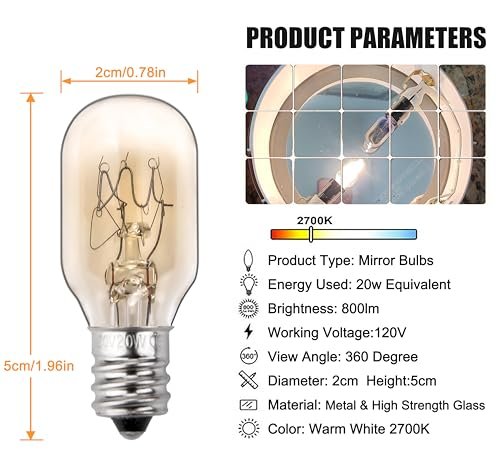 ZTTM 20W 120V Incandescent Replacement Bulb for Conair RP34B Makeup Mirror – E12 Candelabra Base, 2700K Warm Light (2-Pack) Avelisse