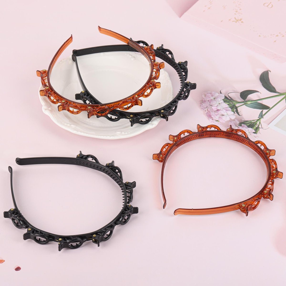 acDesign 4-Piece Headband with Clips Set – Professional Weave Bangs Hairstyle Hairpin Headband for Women (2 Black & 2 Red) - görsel 9