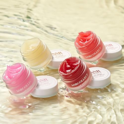 ANRCOLLECT Lip Mask Overnight Set, 4Pcs Lip Care Hydration Treatment Exfoliator Mask Kit, Revives & Nourishes Gift Set for All Day Moisturizing with Collagen & Shea Butter Avelisse