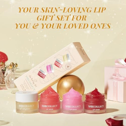 ANRCOLLECT Lip Mask Overnight Set, 4Pcs Lip Care Hydration Treatment Exfoliator Mask Kit, Revives & Nourishes Gift Set for All Day Moisturizing with Collagen & Shea Butter Avelisse