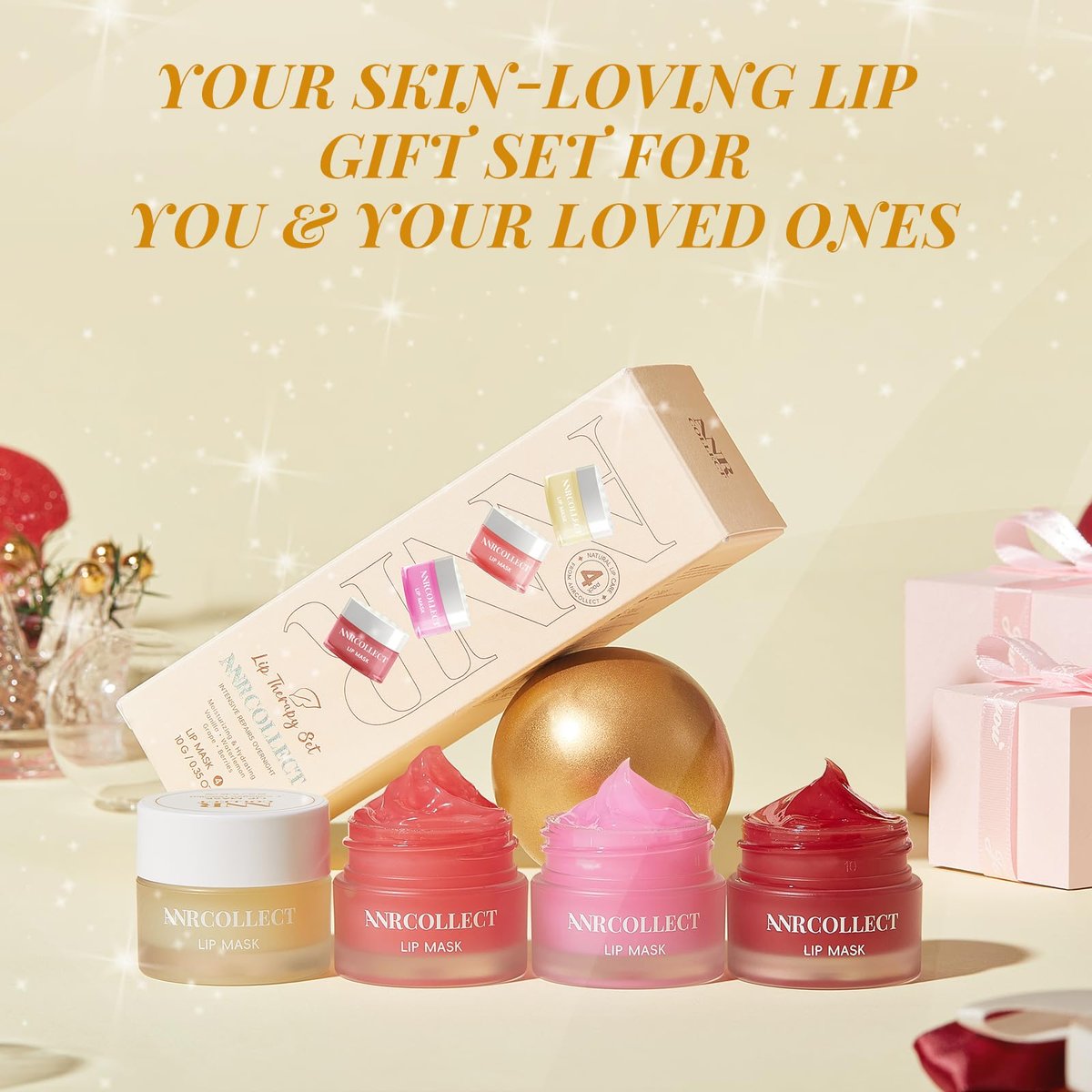 ANRCOLLECT Lip Mask Overnight Set, 4Pcs Lip Care Hydration Treatment Exfoliator Mask Kit, Revives & Nourishes Gift Set for All Day Moisturizing with Collagen & Shea Butter Avelisse