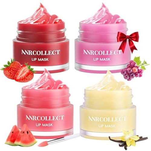 ANRCOLLECT Lip Mask Overnight Set, 4Pcs Lip Care Hydration Treatment Exfoliator Mask Kit, Revives & Nourishes Gift Set for All Day Moisturizing with Collagen & Shea Butter Avelisse