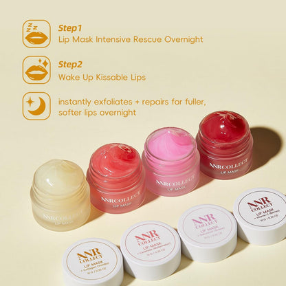 ANRCOLLECT Lip Mask Overnight Set, 4Pcs Lip Care Hydration Treatment Exfoliator Mask Kit, Revives & Nourishes Gift Set for All Day Moisturizing with Collagen & Shea Butter Avelisse