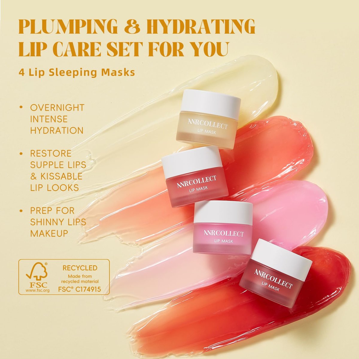 ANRCOLLECT Lip Mask Overnight Set, 4Pcs Lip Care Hydration Treatment Exfoliator Mask Kit, Revives & Nourishes Gift Set for All Day Moisturizing with Collagen & Shea Butter Avelisse