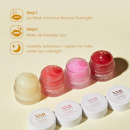 ANRCOLLECT Lip Mask Overnight Set, 4Pcs Lip Care Hydration Treatment Exfoliator Mask Kit, Revives & Nourishes Gift Set for All Day Moisturizing with Collagen & Shea Butter Avelisse