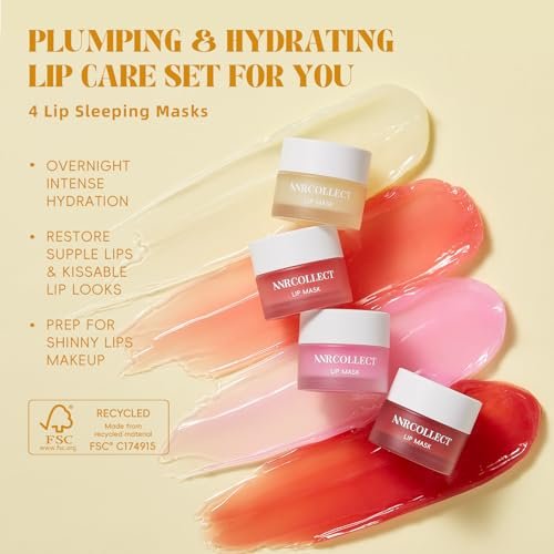 ANRCOLLECT Lip Mask Overnight Set, 4Pcs Lip Care Hydration Treatment Exfoliator Mask Kit, Revives & Nourishes Gift Set for All Day Moisturizing with Collagen & Shea Butter Avelisse