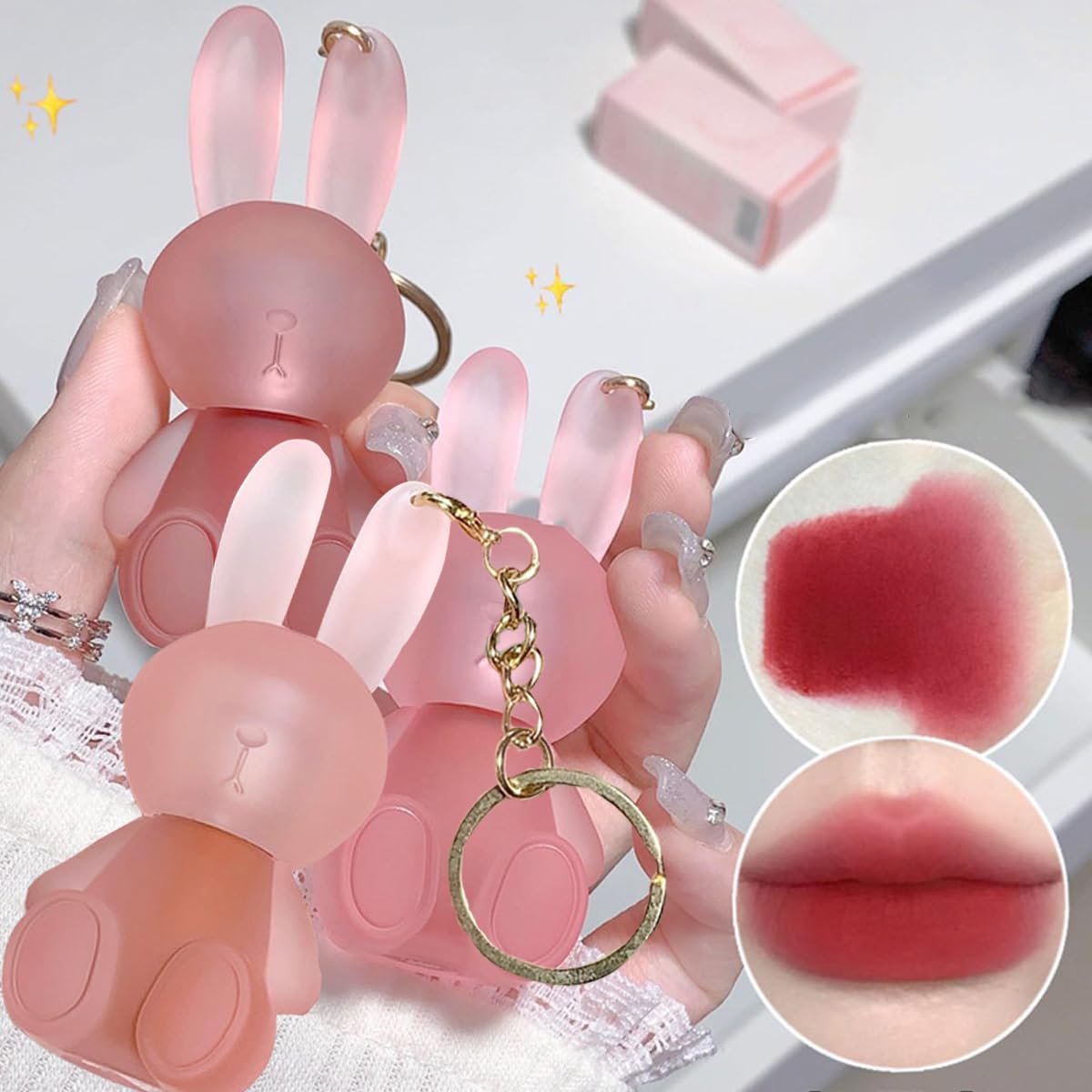 Baorder 3 Colors Cute Rabbit Matte Liquid Lipstick Set - Velvet Lip Glaze 2 in 1 Key Chain Bunny Lip Gloss & Lip Stain, Waterproof Long Lasting Non-Stick Cup Lip Clay for Girls Avelisse