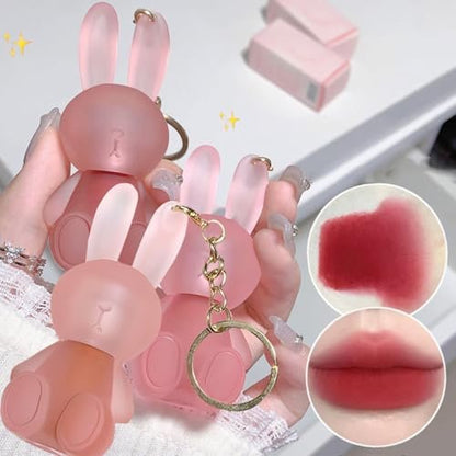 Baorder 3 Colors Cute Rabbit Matte Liquid Lipstick Set - Velvet Lip Glaze 2 in 1 Key Chain Bunny Lip Gloss & Lip Stain, Waterproof Long Lasting Non-Stick Cup Lip Clay for Girls Avelisse
